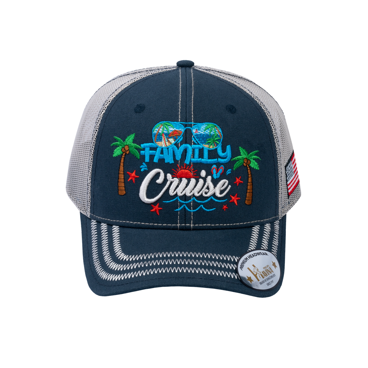 Family Cruise, Traveling 6-Panel Trucker Hat with Navy front and Beige back