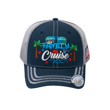 Family Cruise, Traveling 6-Panel Trucker Hat with Navy front and Beige back