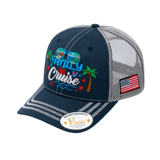 Embroidered Family Cruise - Traveling - 6 Panel Trucker Hat - Navy/Beige - Zig Zag