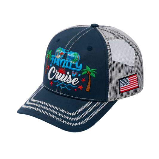 Family Cruise, Traveling 6-Panel Trucker Hat with Navy front and Beige back