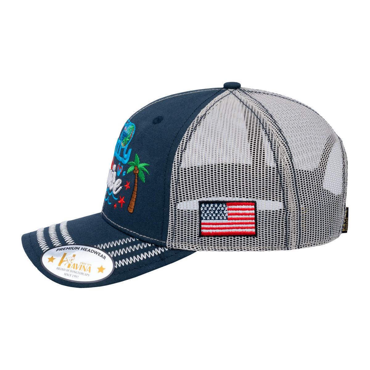 Family Cruise, Traveling 6-Panel Trucker Hat with Navy front and Beige back