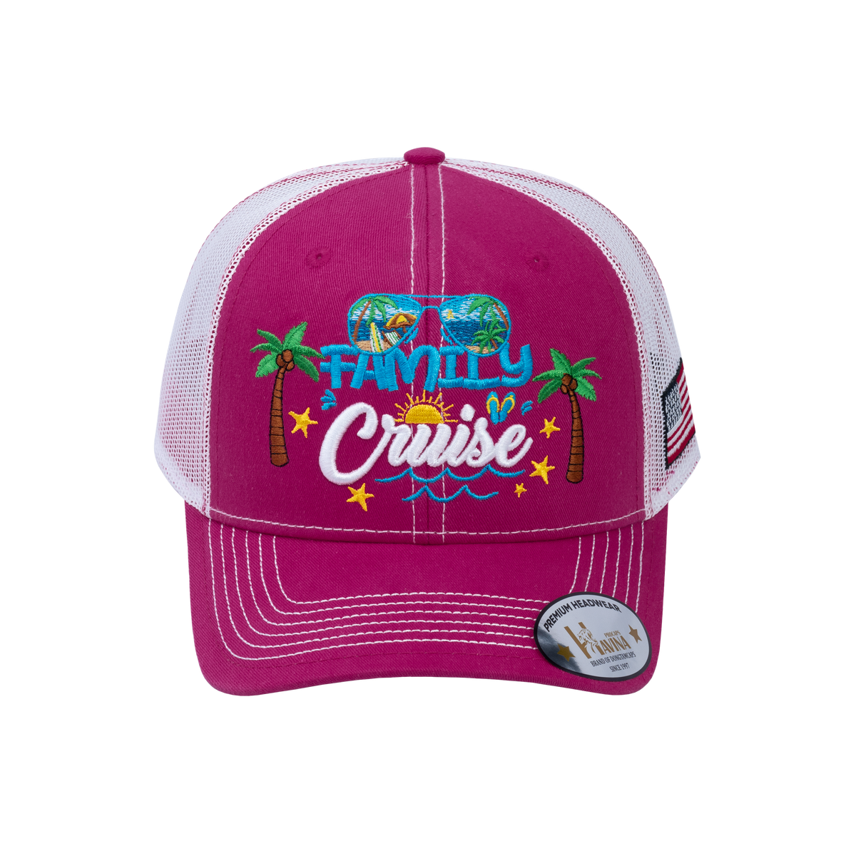 Embroidered Family Cruise - Traveling - 6 Panel Trucker Hat - Pink/White - Classic