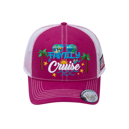 Embroidered Family Cruise - Traveling - 6 Panel Trucker Hat - Pink/White - Classic