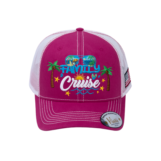 Embroidered Family Cruise - Traveling - 6 Panel Trucker Hat - Pink/White - Classic