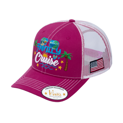 Embroidered Family Cruise - Traveling - 6 Panel Trucker Hat - Pink/White - Classic