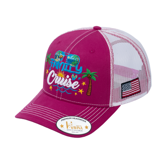 Embroidered Family Cruise - Traveling - 6 Panel Trucker Hat - Pink/White - Classic