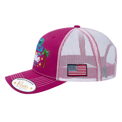 Embroidered Family Cruise - Traveling - 6 Panel Trucker Hat - Pink/White - Classic