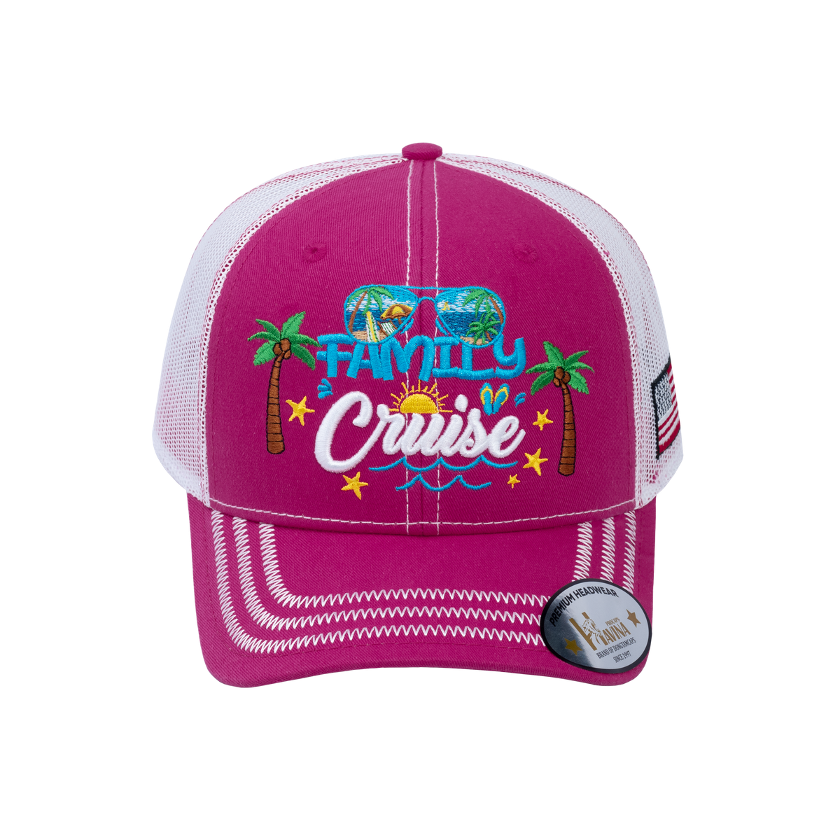Family Cruise, Traveling 6-Panel Trucker Hat with Pink front and White back