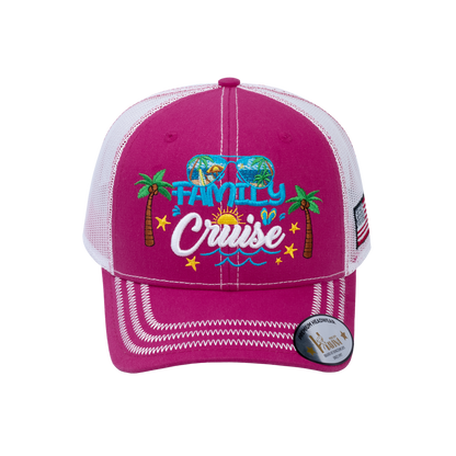Embroidered Family Cruise - Traveling - 6 Panel Trucker Hat - Pink/White - Zig Zag