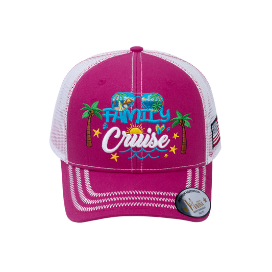 Embroidered Family Cruise - Traveling - 6 Panel Trucker Hat - Pink/White - Zig Zag