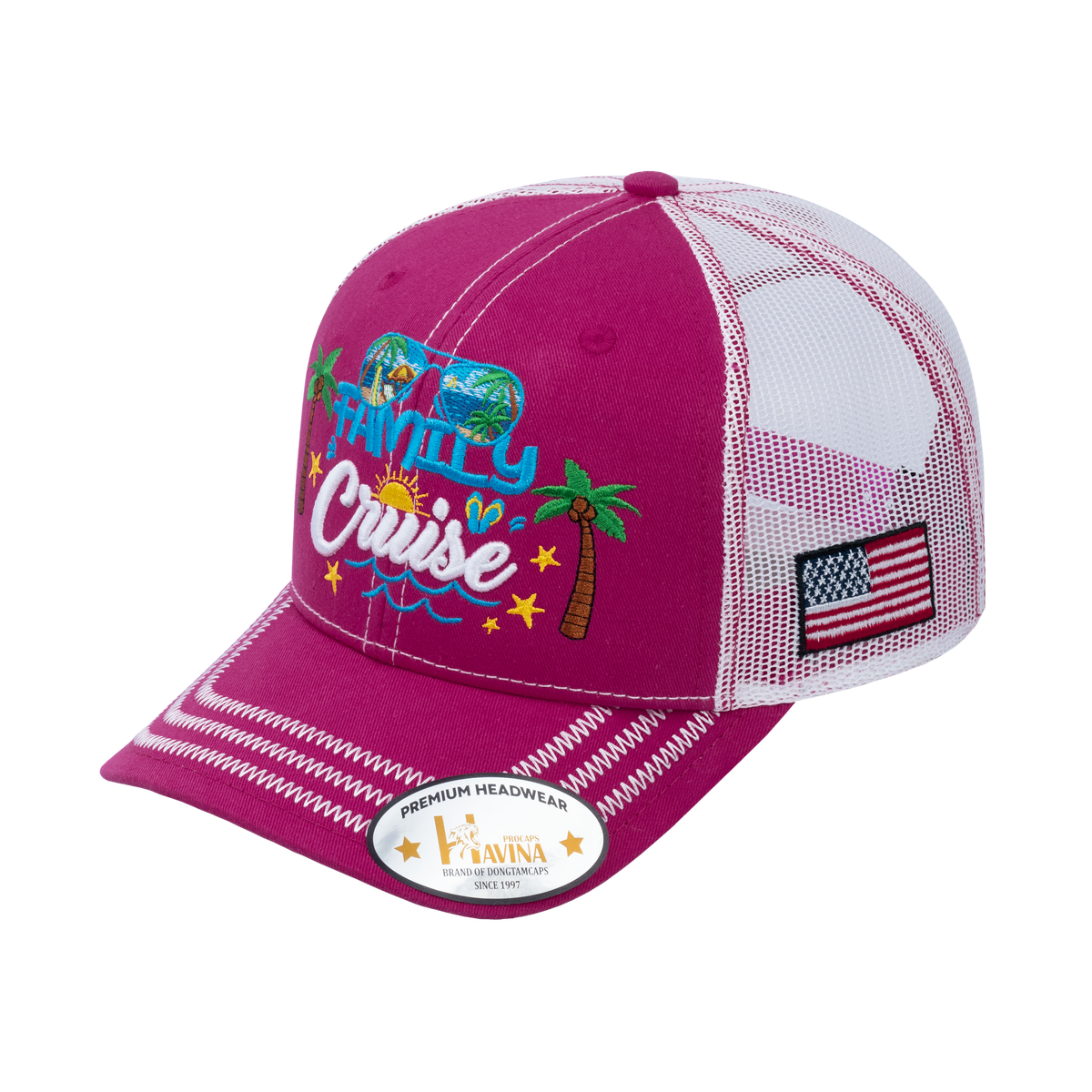 Embroidered Family Cruise - Traveling - 6 Panel Trucker Hat - Pink/White - Zig Zag