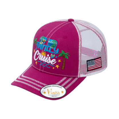 Embroidered Family Cruise - Traveling - 6 Panel Trucker Hat - Pink/White - Zig Zag