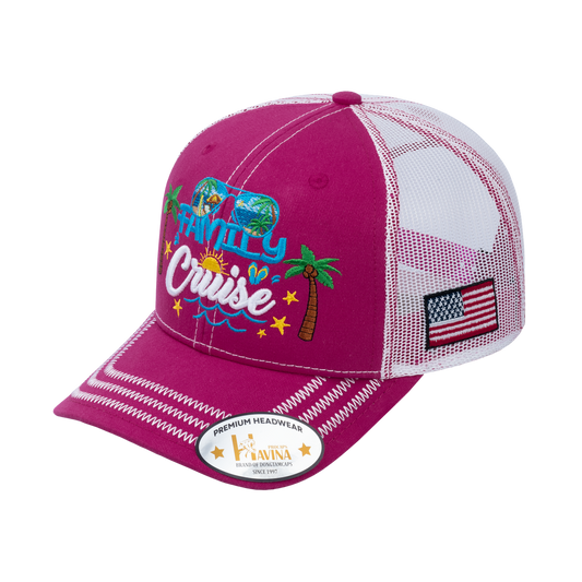 Embroidered Family Cruise - Traveling - 6 Panel Trucker Hat - Pink/White - Zig Zag
