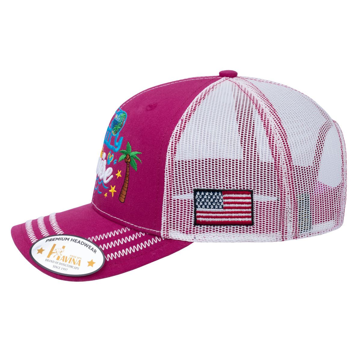 Embroidered Family Cruise - Traveling - 6 Panel Trucker Hat - Pink/White - Zig Zag