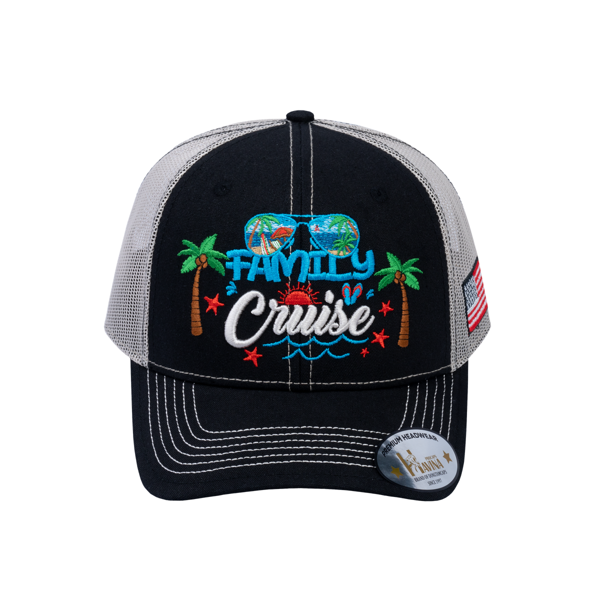 Embroidered Family Cruise - Traveling - 6 Panel Trucker Hat - Black/Beige - Classic