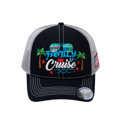 Embroidered Family Cruise - Traveling - 6 Panel Trucker Hat - Black/Beige - Classic