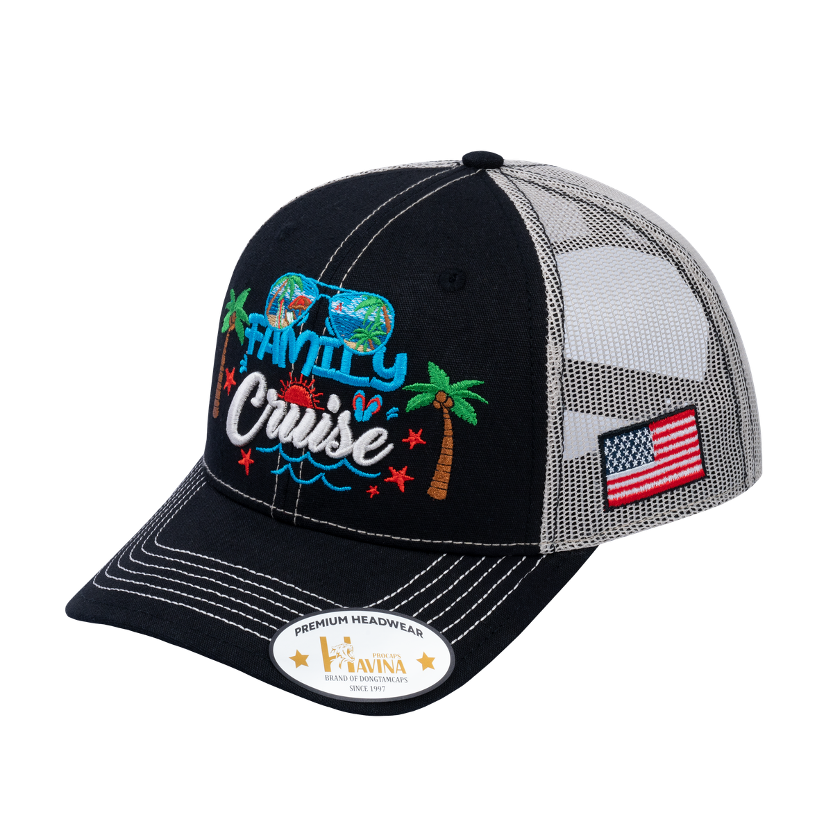 Embroidered Family Cruise - Traveling - 6 Panel Trucker Hat - Black/Beige - Classic