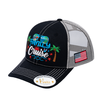 Embroidered Family Cruise - Traveling - 6 Panel Trucker Hat - Black/Beige - Classic