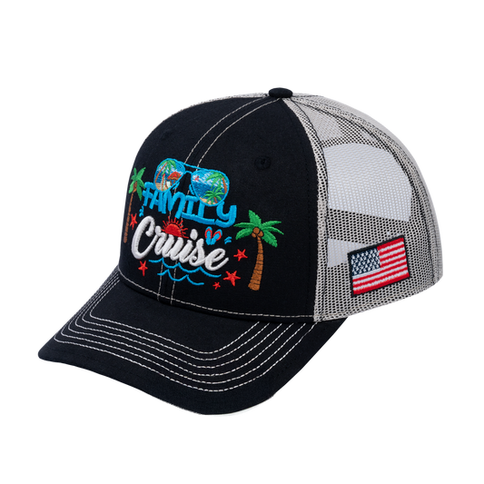 Family Cruise, Traveling 6-Panel Trucker Hat with Black front and Beige back