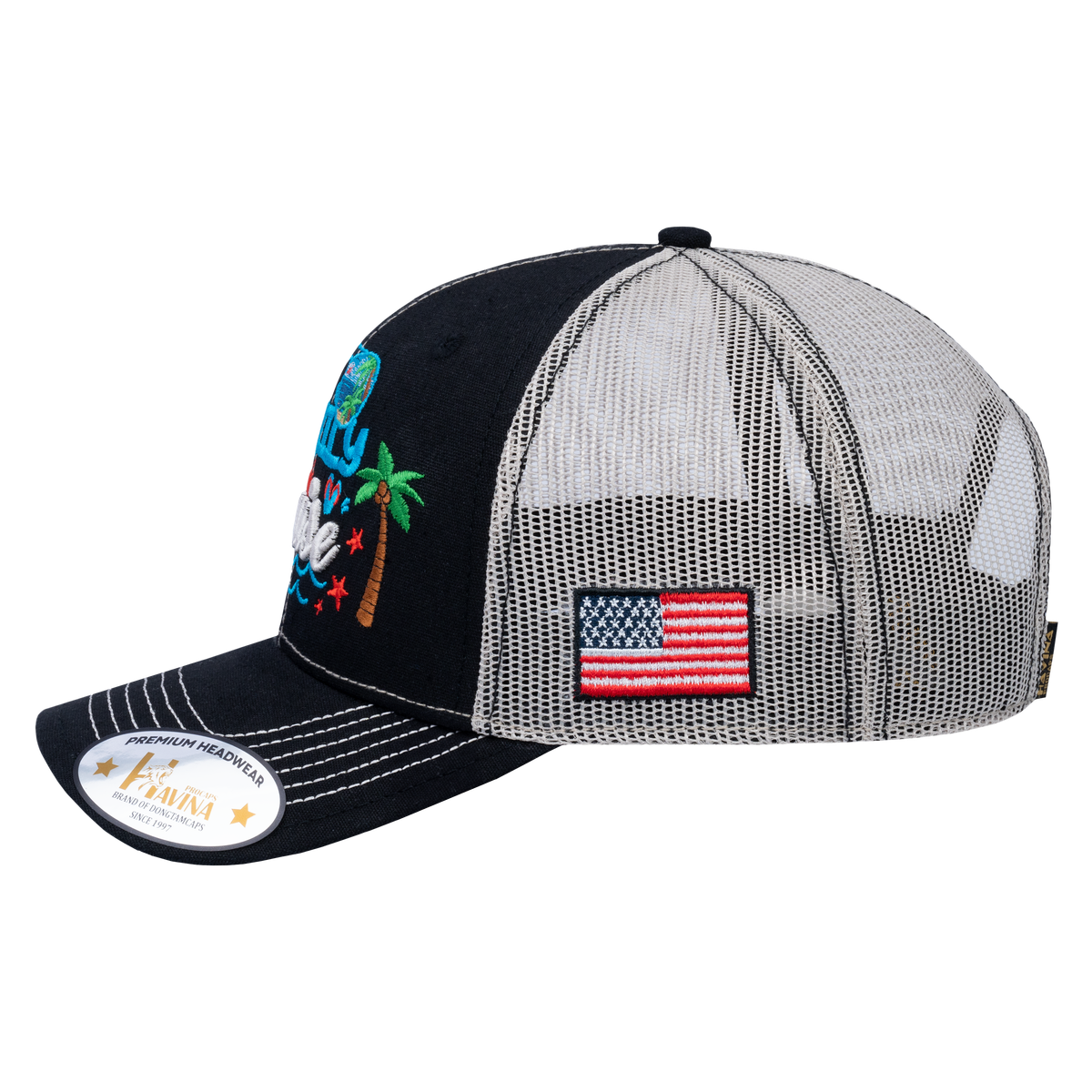 Embroidered Family Cruise - Traveling - 6 Panel Trucker Hat - Black/Beige - Classic
