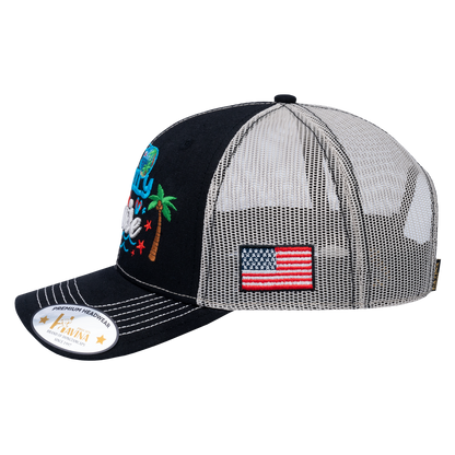 Embroidered Family Cruise - Traveling - 6 Panel Trucker Hat - Black/Beige - Classic