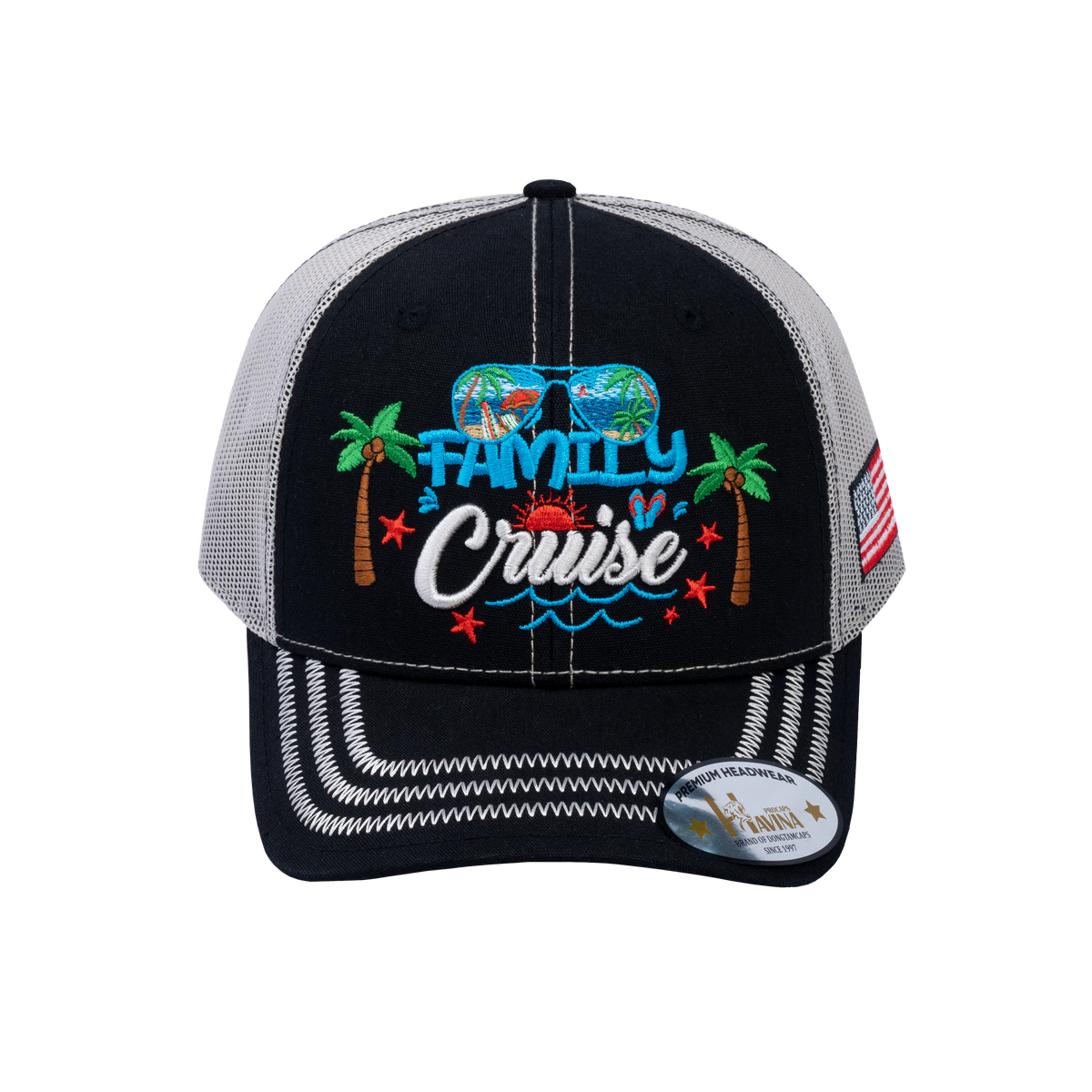 Embroidered Family Cruise - Traveling - 6 Panel Trucker Hat - Black/Beige - Zig Zag