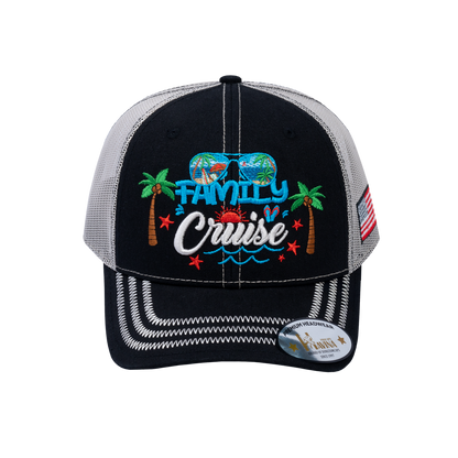 Embroidered Family Cruise - Traveling - 6 Panel Trucker Hat - Black/Beige - Zig Zag