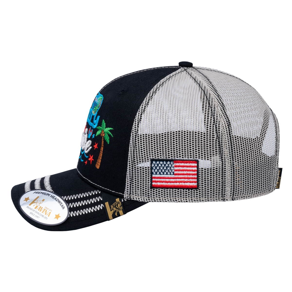 Embroidered Family Cruise - Traveling - 6 Panel Trucker Hat - Black/Beige - Zig Zag