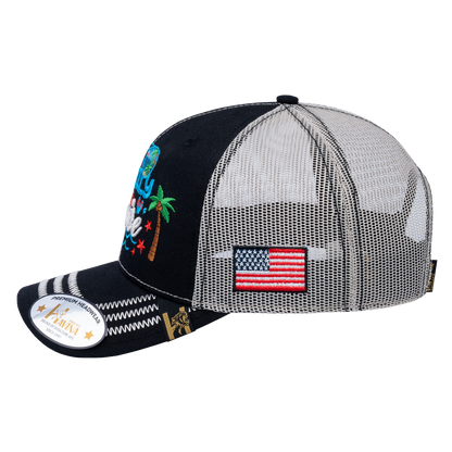 Embroidered Family Cruise - Traveling - 6 Panel Trucker Hat - Black/Beige - Zig Zag