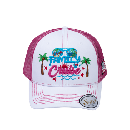 Embroidered Family Cruise - Traveling - 6 Panel Trucker Hat - White/Pink - Classic