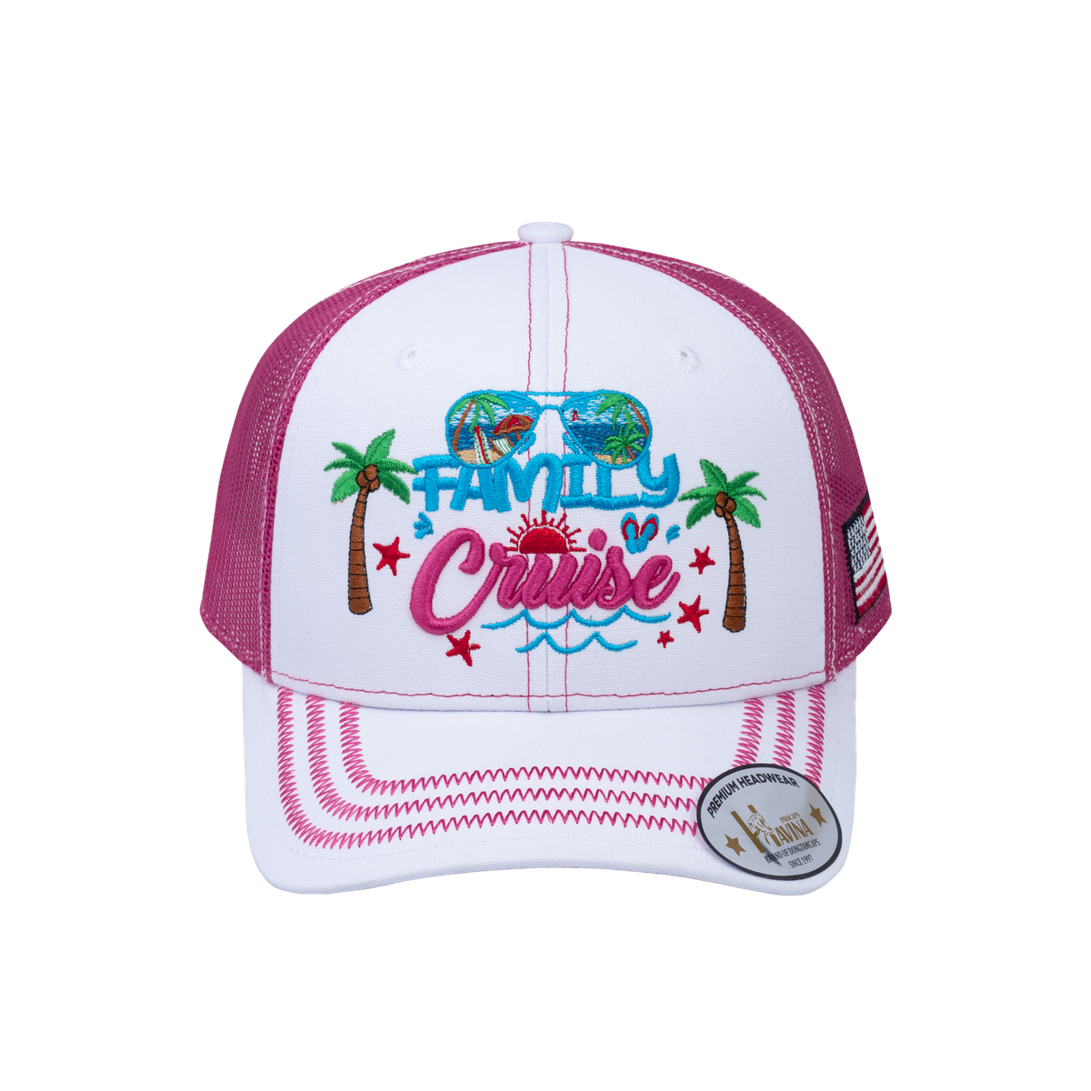 Embroidered Family Cruise - Traveling - 6 Panel Trucker Hat - White/Pink - Zig Zag