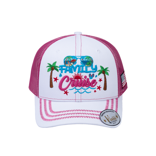Embroidered Family Cruise - Traveling - 6 Panel Trucker Hat - White/Pink - Zig Zag
