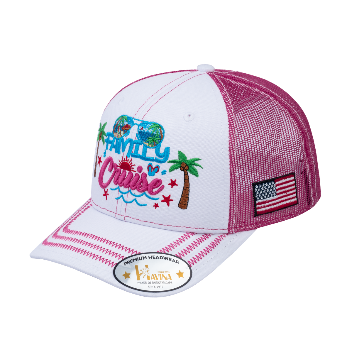 Embroidered Family Cruise - Traveling - 6 Panel Trucker Hat - White/Pink - Zig Zag