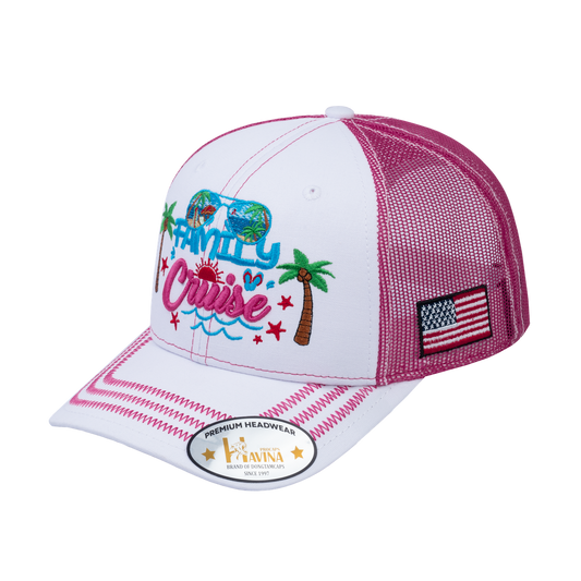 Embroidered Family Cruise - Traveling - 6 Panel Trucker Hat - White/Pink - Zig Zag