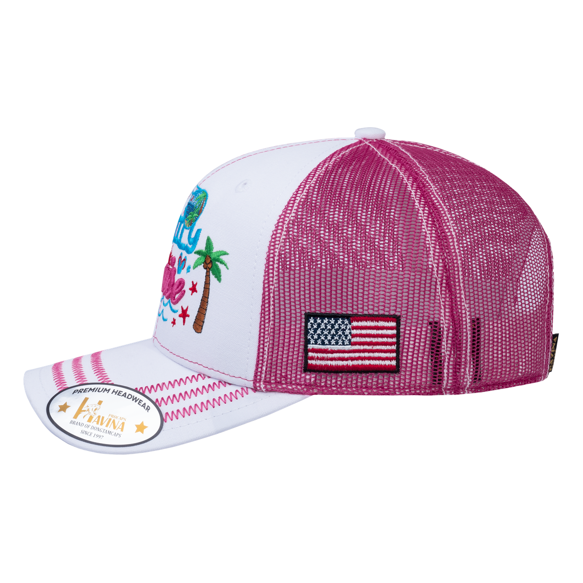 Embroidered Family Cruise - Traveling - 6 Panel Trucker Hat - White/Pink - Zig Zag