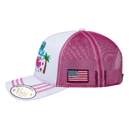 Embroidered Family Cruise - Traveling - 6 Panel Trucker Hat - White/Pink - Zig Zag