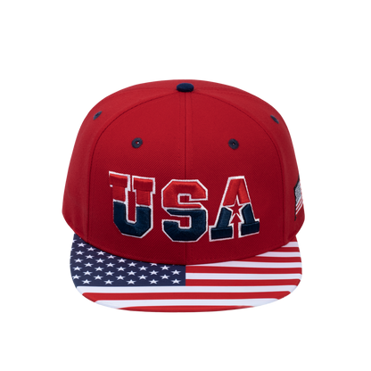 Classic US American Flag 6-Panel Snapback Flat Bill Baseball Cap with Red front and Red back