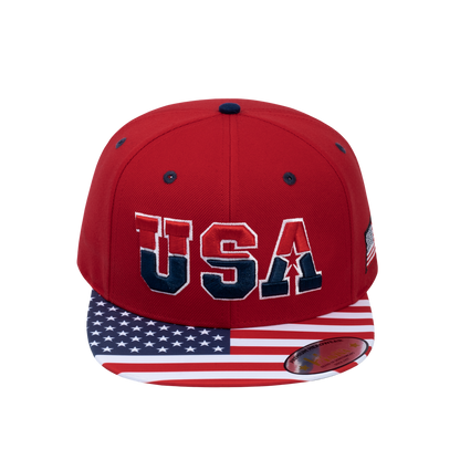 Embroidered Classic US American Flag - 6 Panel Snap Baseball Cap - Red