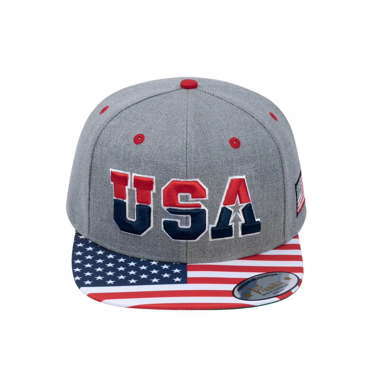Embroidered Classic US American Flag - 6 Panel Snap Baseball Cap - Light Grey