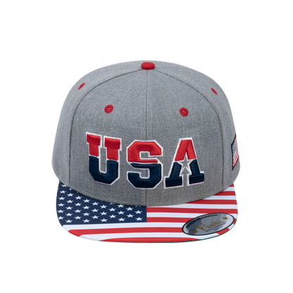 Embroidered Classic US American Flag - 6 Panel Snap Baseball Cap - Light Grey