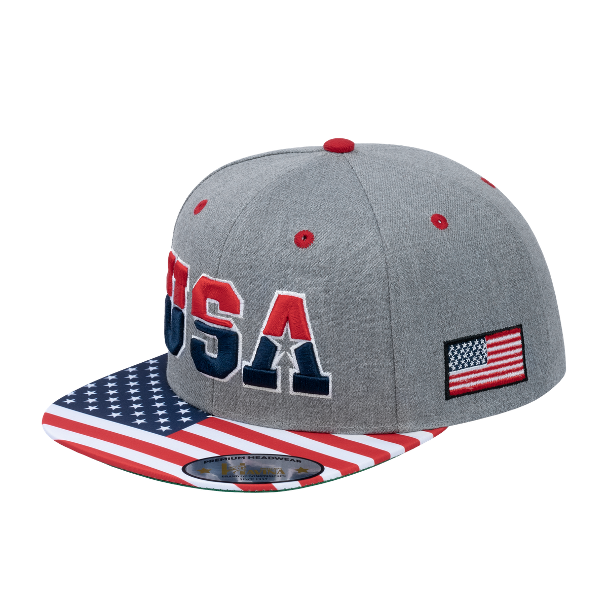 Embroidered Classic US American Flag - 6 Panel Snap Baseball Cap - Light Grey