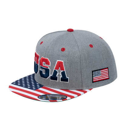Embroidered Classic US American Flag - 6 Panel Snap Baseball Cap - Light Grey