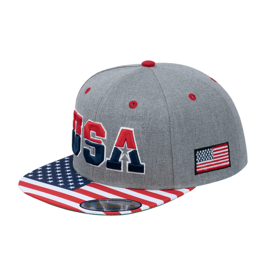 Embroidered Classic US American Flag - 6 Panel Snap Baseball Cap - Light Grey