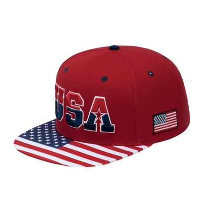 Classic US American Flag 6-Panel Snapback Flat Bill Baseball Cap with Red front and Red back