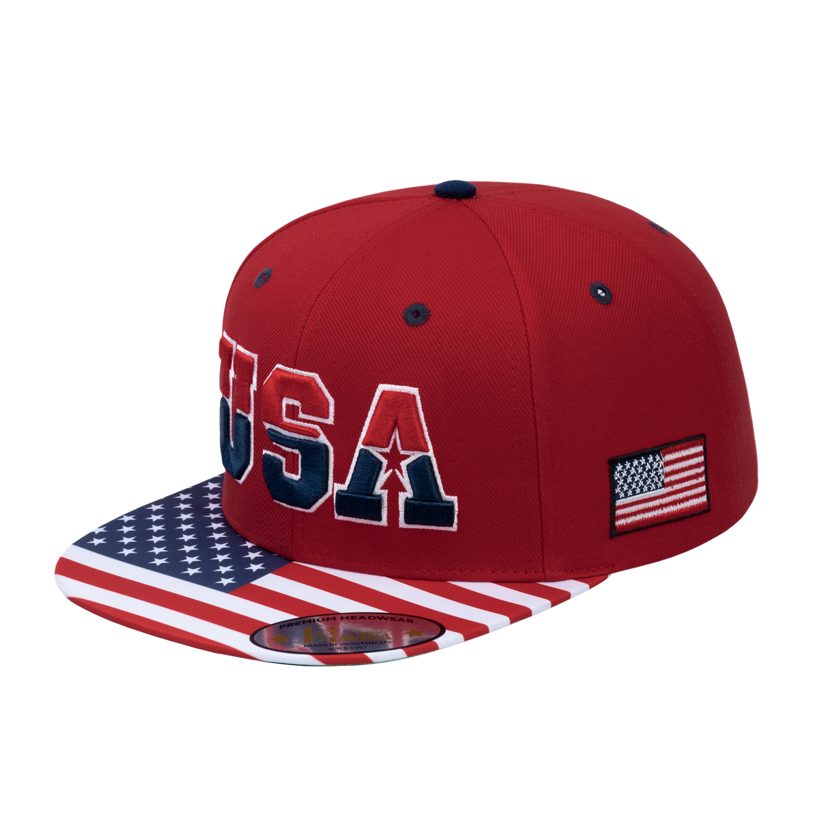 Embroidered Classic US American Flag - 6 Panel Snap Baseball Cap - Red
