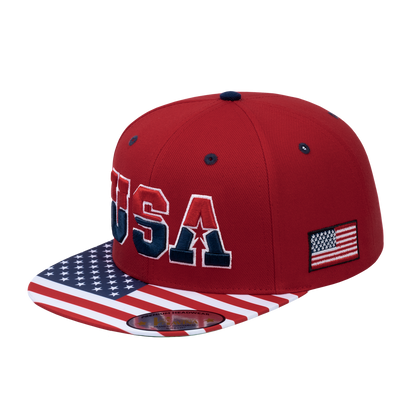 Embroidered Classic US American Flag - 6 Panel Snap Baseball Cap - Red