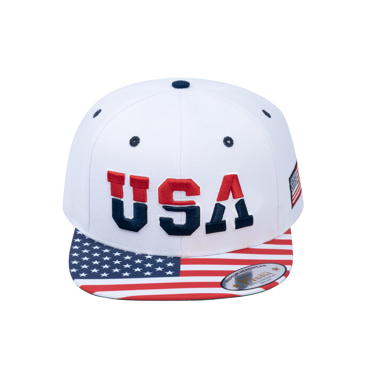 Embroidered Classic US American Flag - 6 Panel Snap Baseball Cap - White
