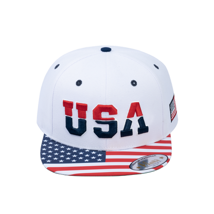 Classic US American Flag 6-Panel Snapback Flat Bill Baseball Cap with White front and White back