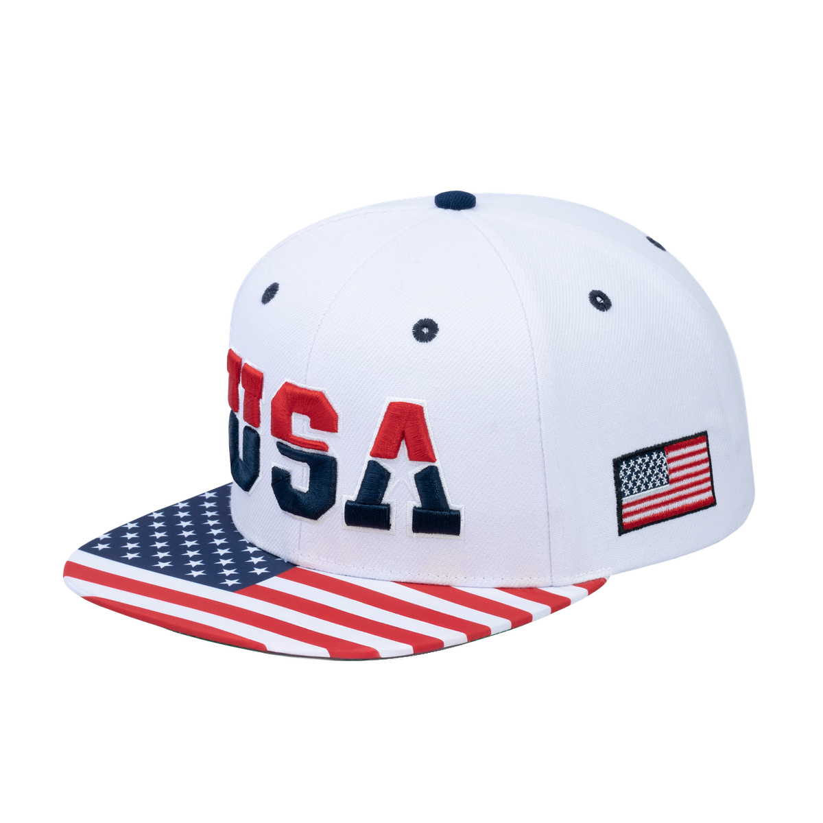 Classic US American Flag 6-Panel Snapback Flat Bill Baseball Cap with White front and White back