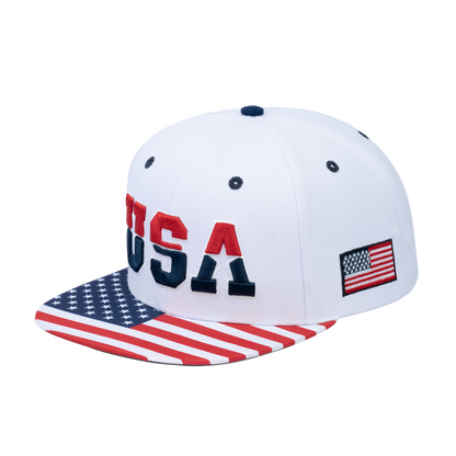 Classic US American Flag 6-Panel Snapback Flat Bill Baseball Cap with White front and White back